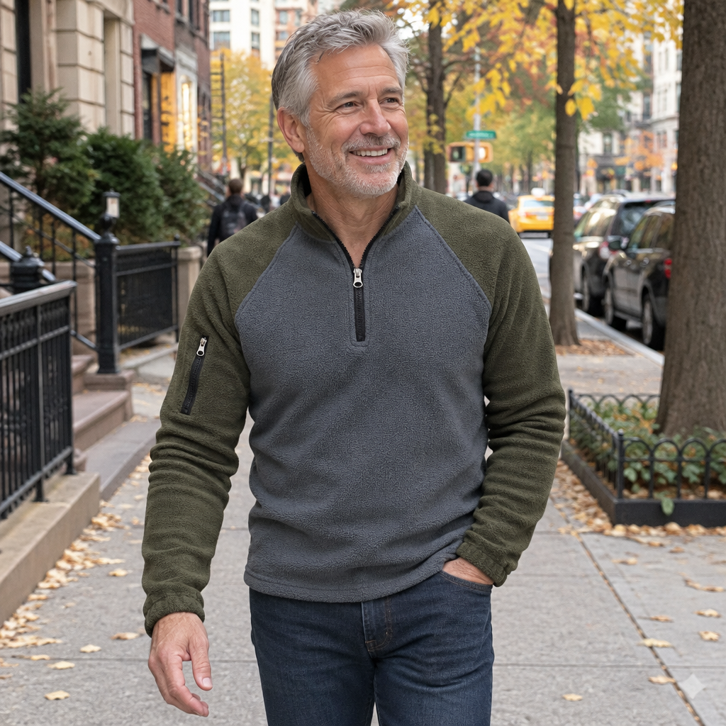 Man wearing a gray and olive half-zip pullover on a fall street
