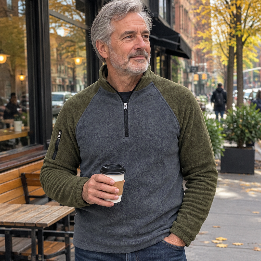 Man in a two-tone half-zip pullover holding a coffee