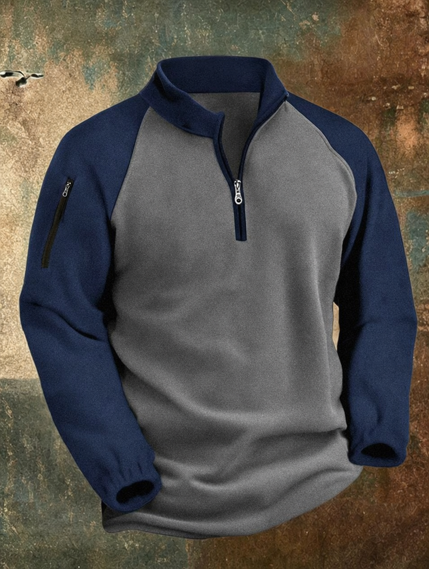 Men's gray and navy two-tone half-zip pullover