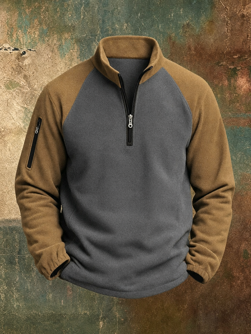 Men's gray and tan two-tone half-zip pullover