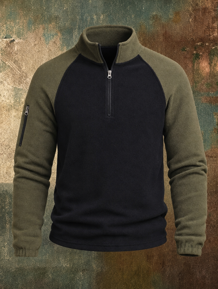 Men's black and olive two-tone half-zip pullover