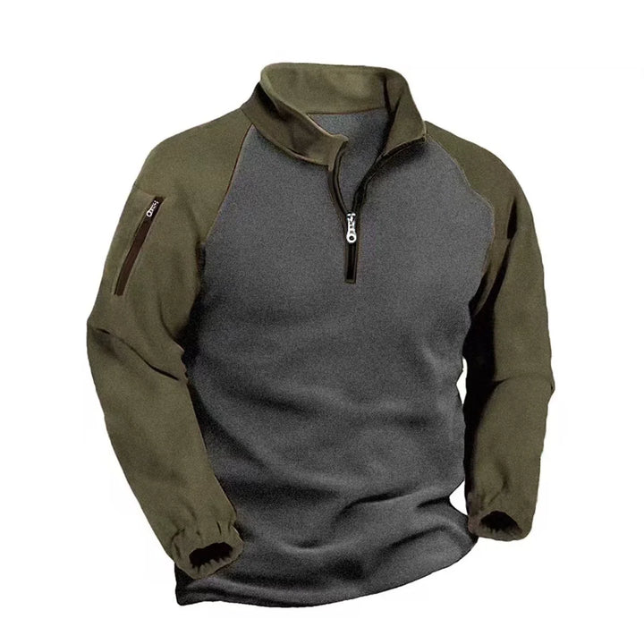 Gray and olive two-tone half-zip pullover, front view