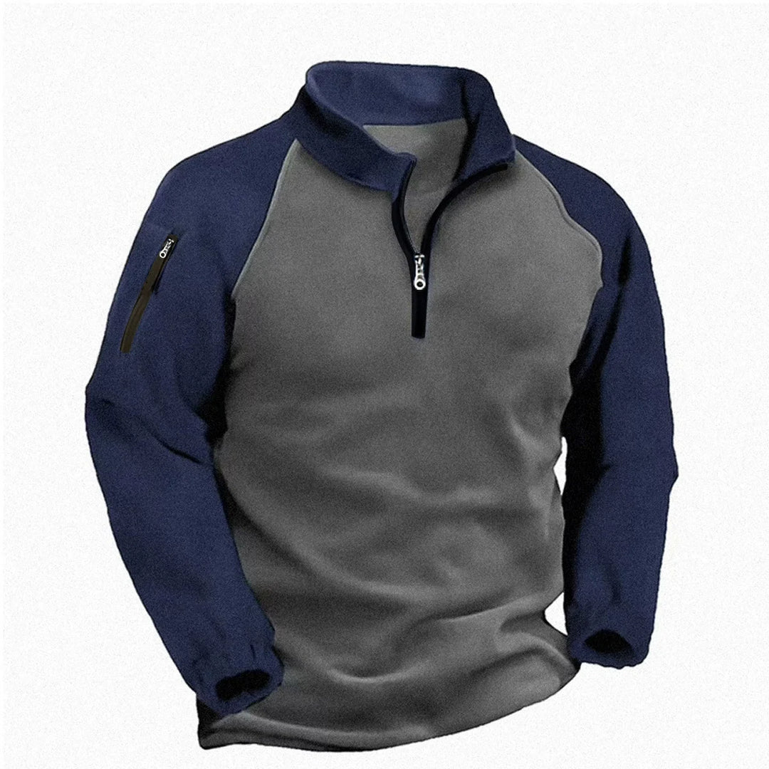 Gray and navy two-tone half-zip pullover, front view