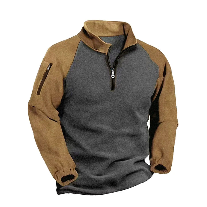 Gray and tan two-tone half-zip pullover, front view