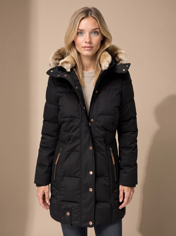 Women's black long quilted puffer coat with plush-trimmed hood