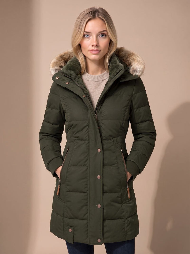 Women's olive green long quilted puffer coat with plush-trimmed hood