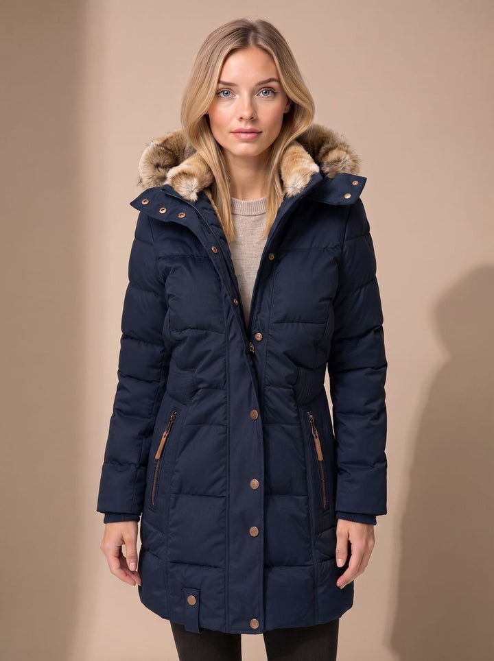 Women's navy long quilted puffer coat with plush-trimmed hood