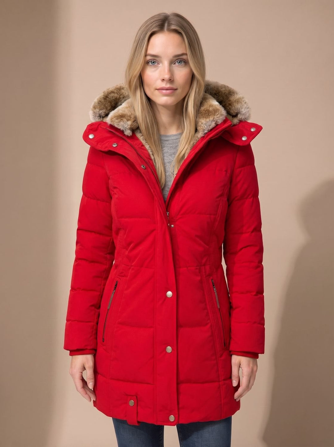 Women's red long quilted puffer coat with plush-trimmed hood