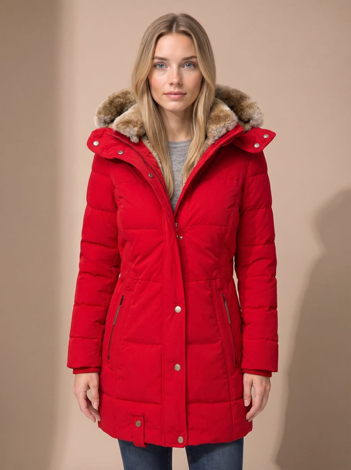 Women's red long quilted puffer coat with plush-trimmed hood