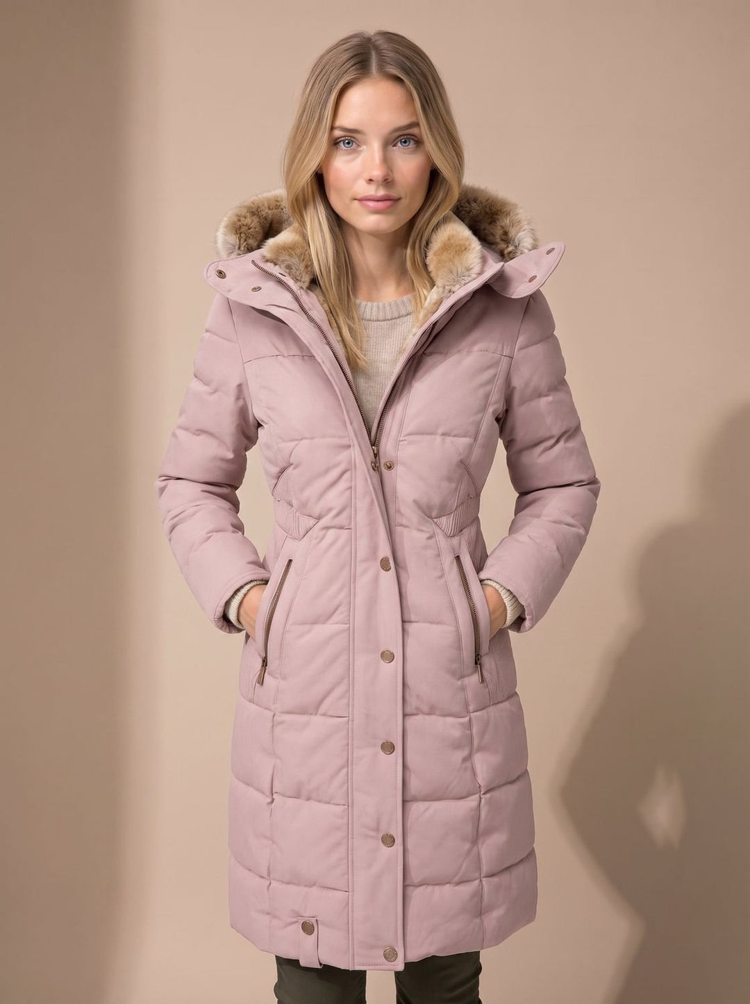 Women's blush pink long quilted puffer coat with plush-trimmed hood