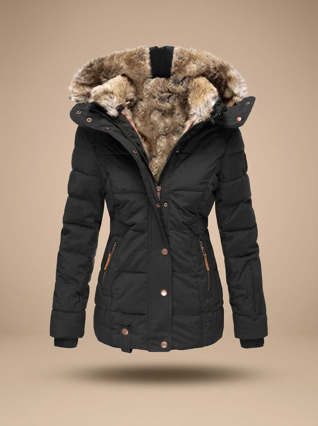 Black quilted puffer coat with hood, product view