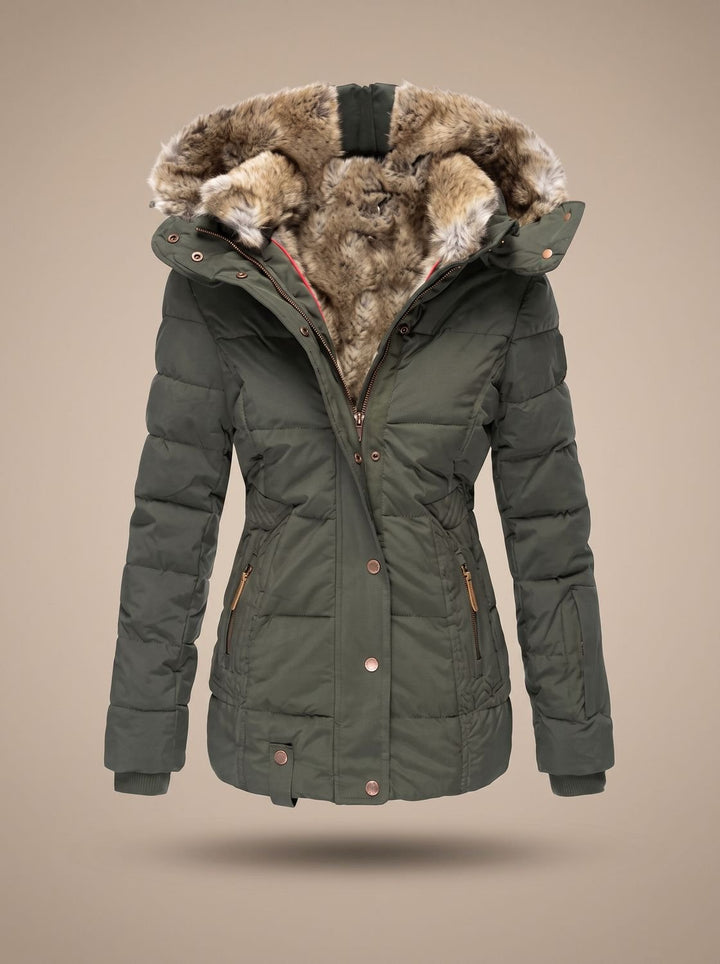 Olive Green quilted puffer coat with hood, product view