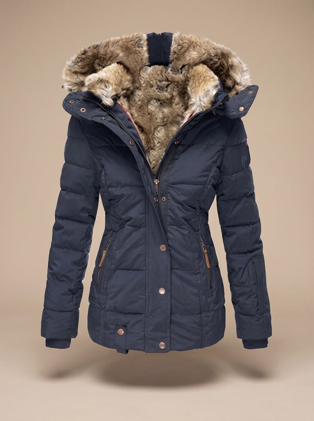 Navy quilted puffer coat with hood, product view