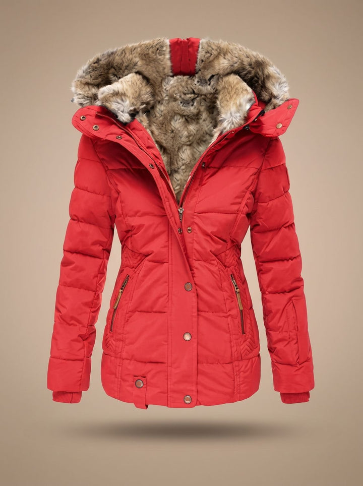 Red quilted puffer coat with hood, product view
