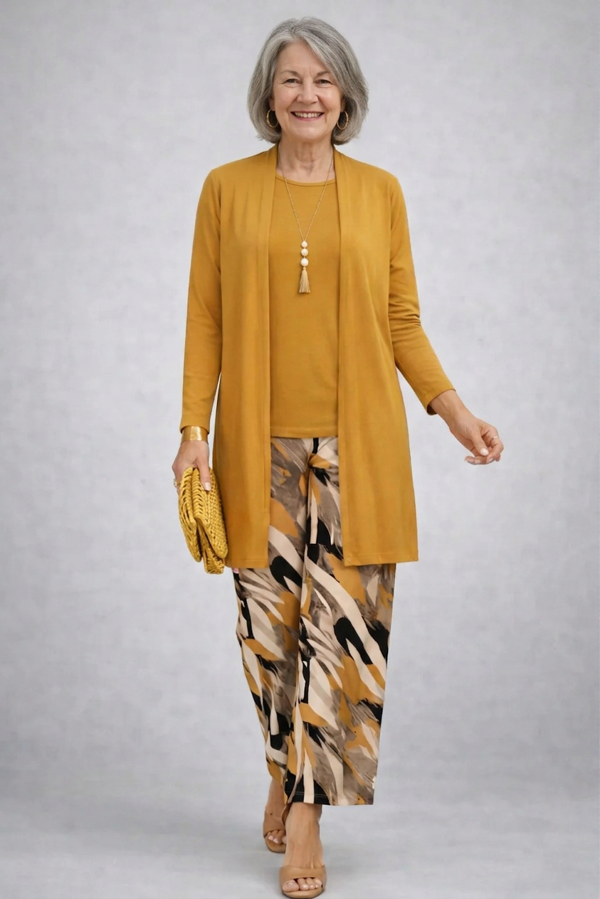 Women's mustard open-front cardigan and abstract print pant set