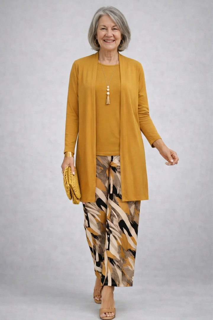 Women's mustard open-front cardigan and abstract print pant set