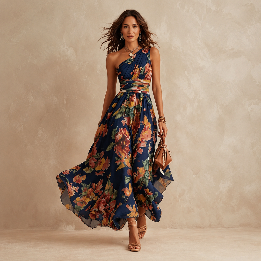 Women's navy floral one-shoulder maxi dress