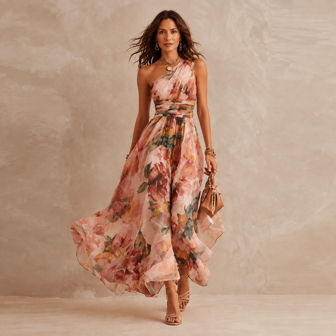 Women's blush floral one-shoulder maxi dress