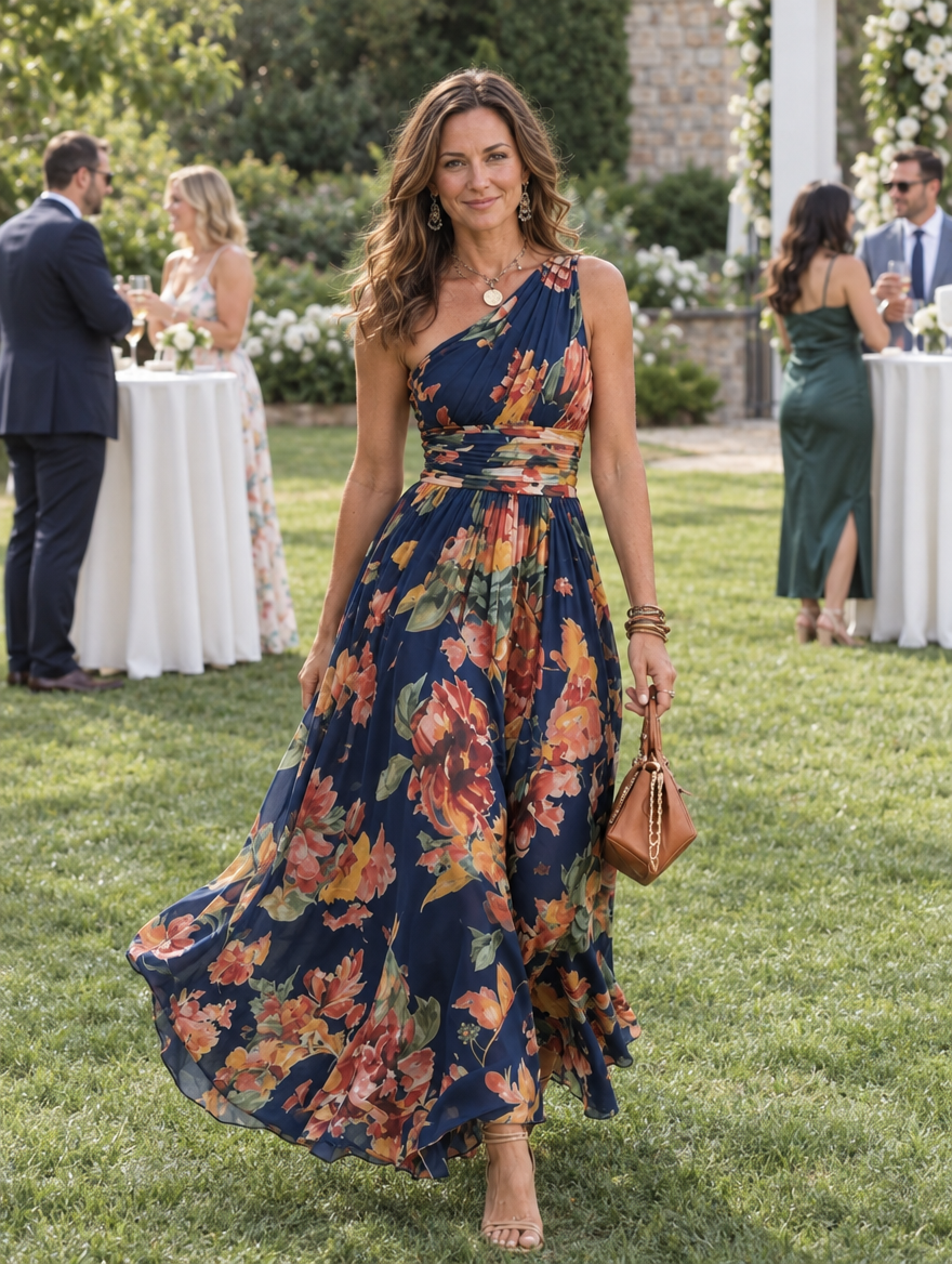 Navy floral maxi dress worn at a garden celebration