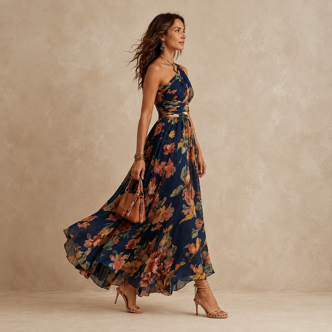 Side view of the one-shoulder floral maxi dress