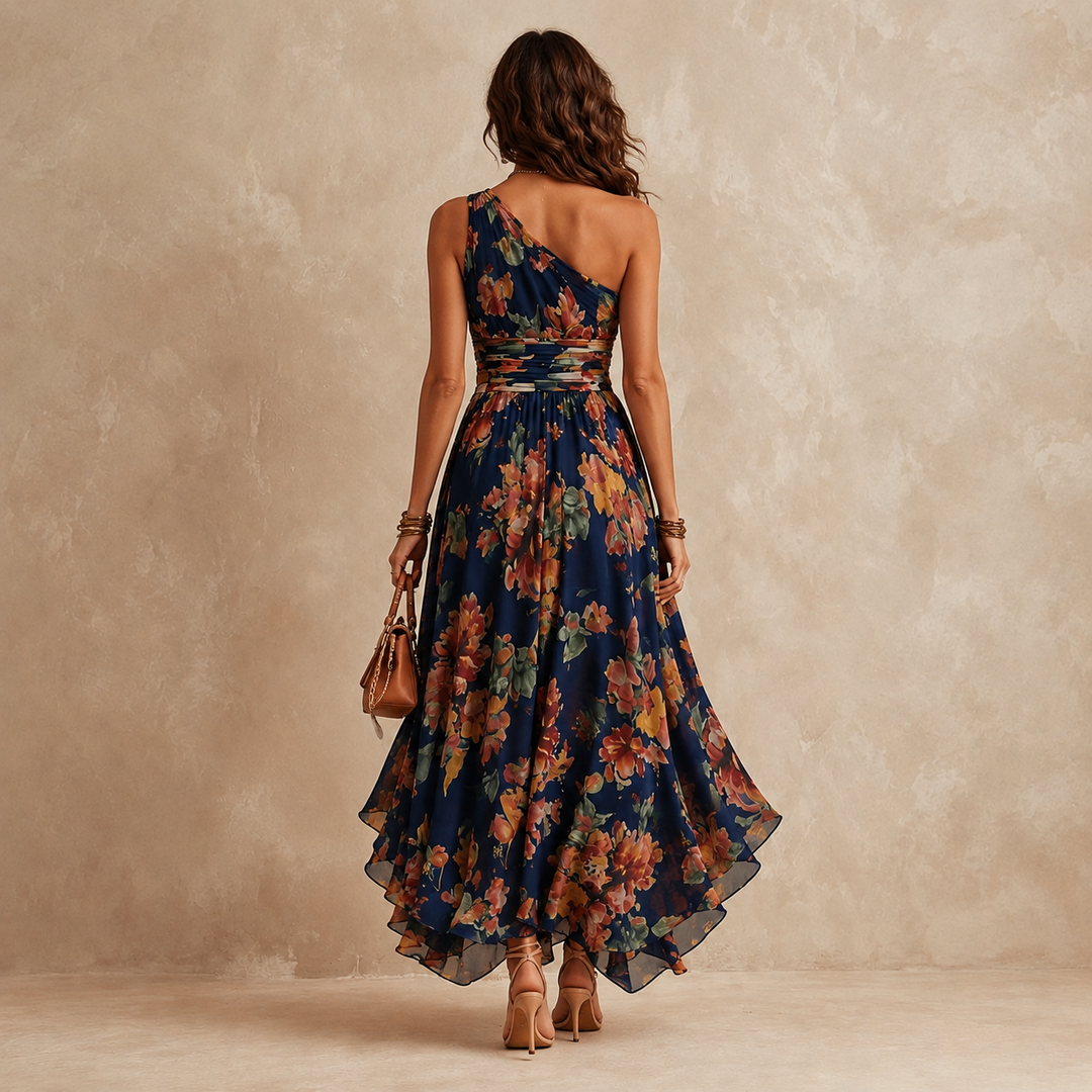Back view of the navy floral maxi dress