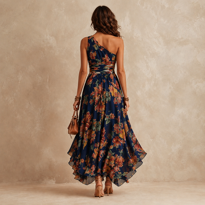 Back view of the navy floral maxi dress