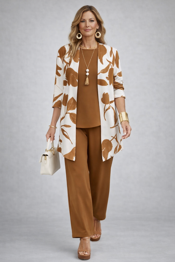 Women's caramel and white leaf print cardigan and pant set