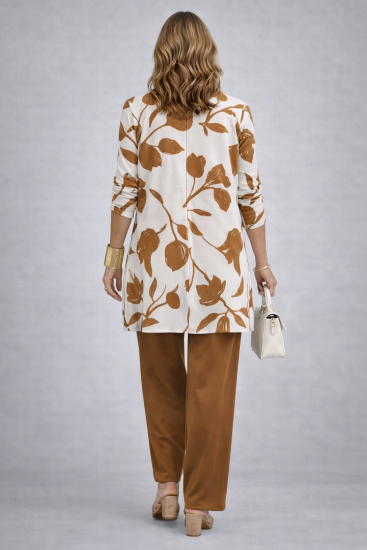 Back view of the caramel and white leaf print cardigan and pant set