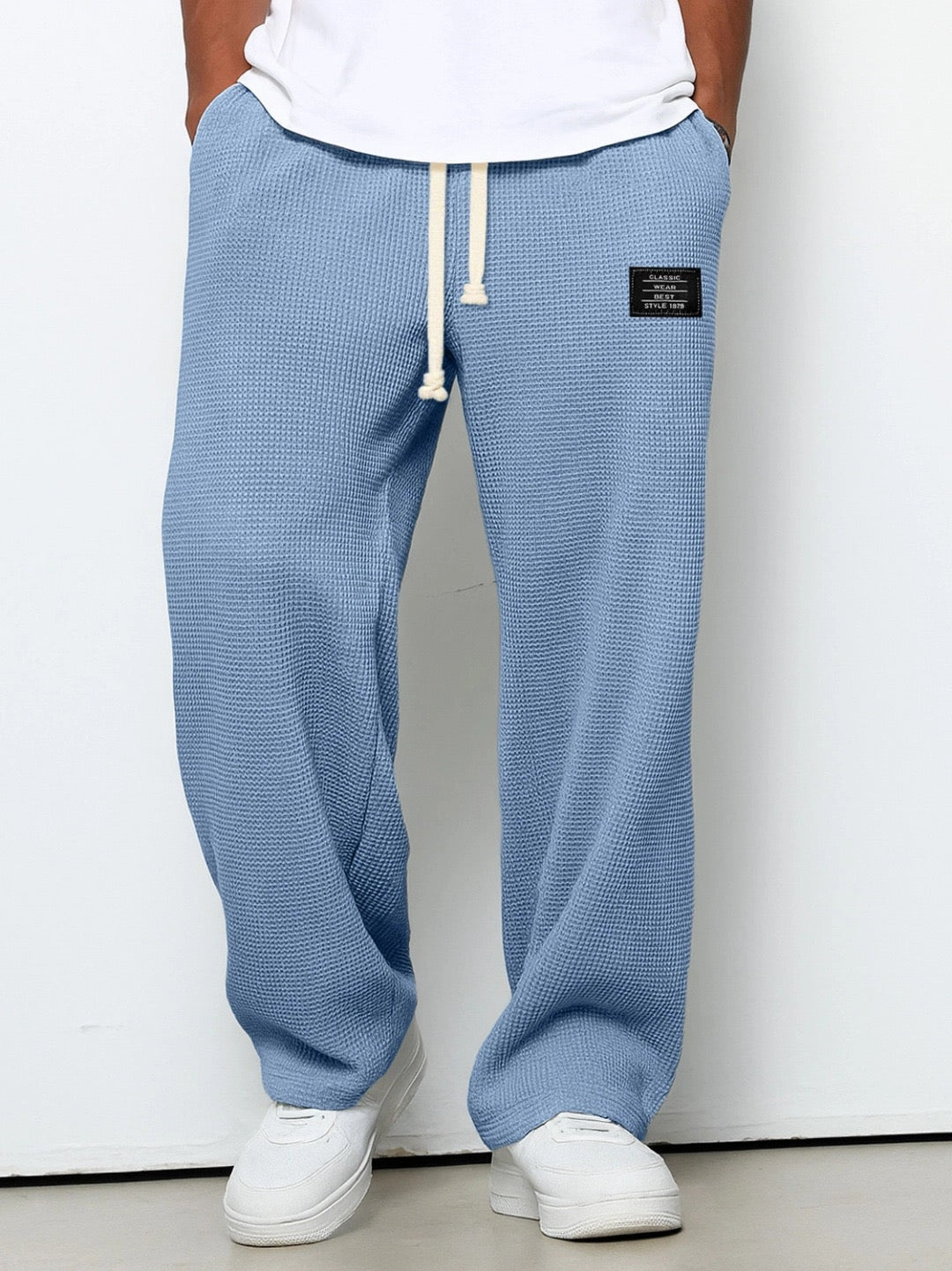 Men's sky blue relaxed wide-leg drawstring pants