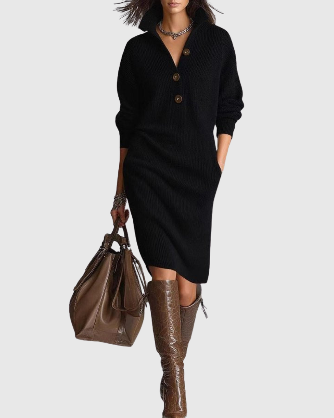 Women's black collared button knit midi dress