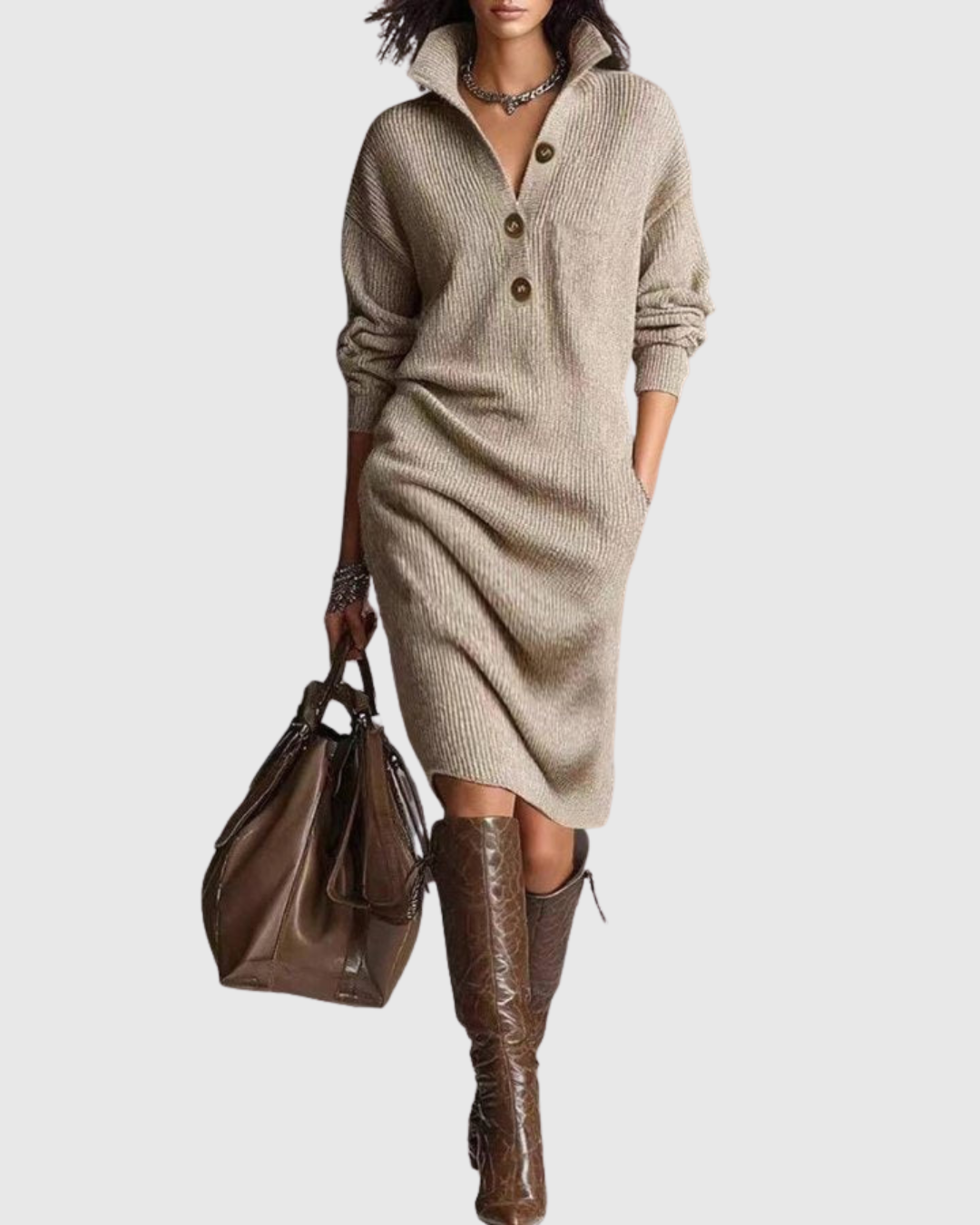 Women's taupe collared button knit midi dress