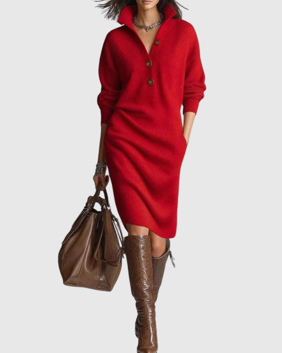 Women's red collared button knit midi dress