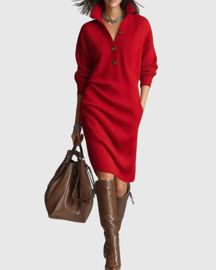 Women's red collared button knit midi dress