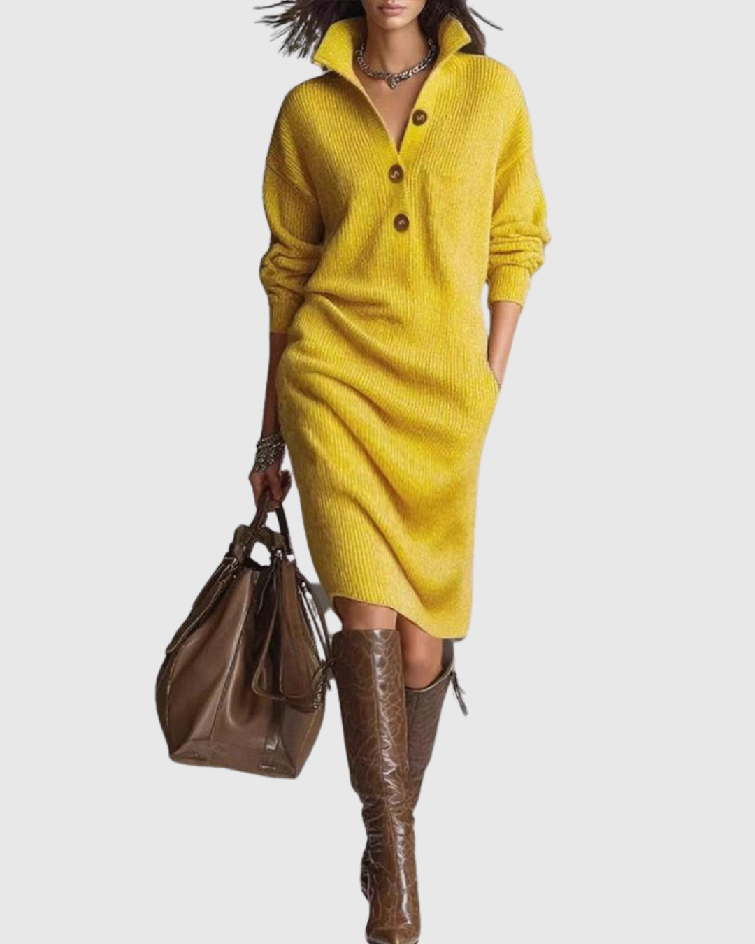 Women's mustard collared button knit midi dress