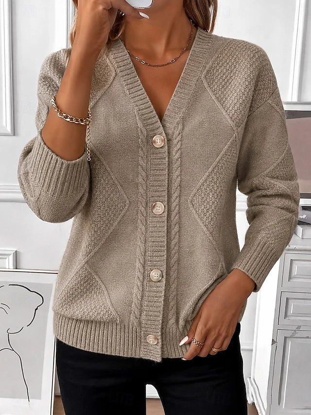 Women's taupe cable-knit cardigan with button front and ribbed cuffs