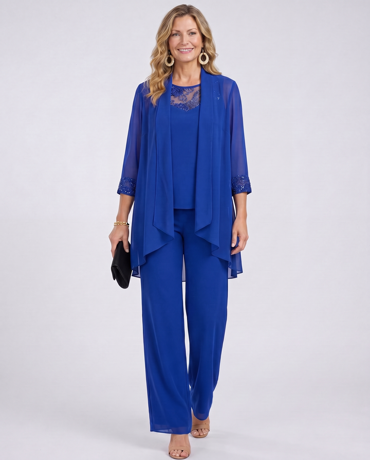 Women's royal blue sheer duster and lace-trim top pant set