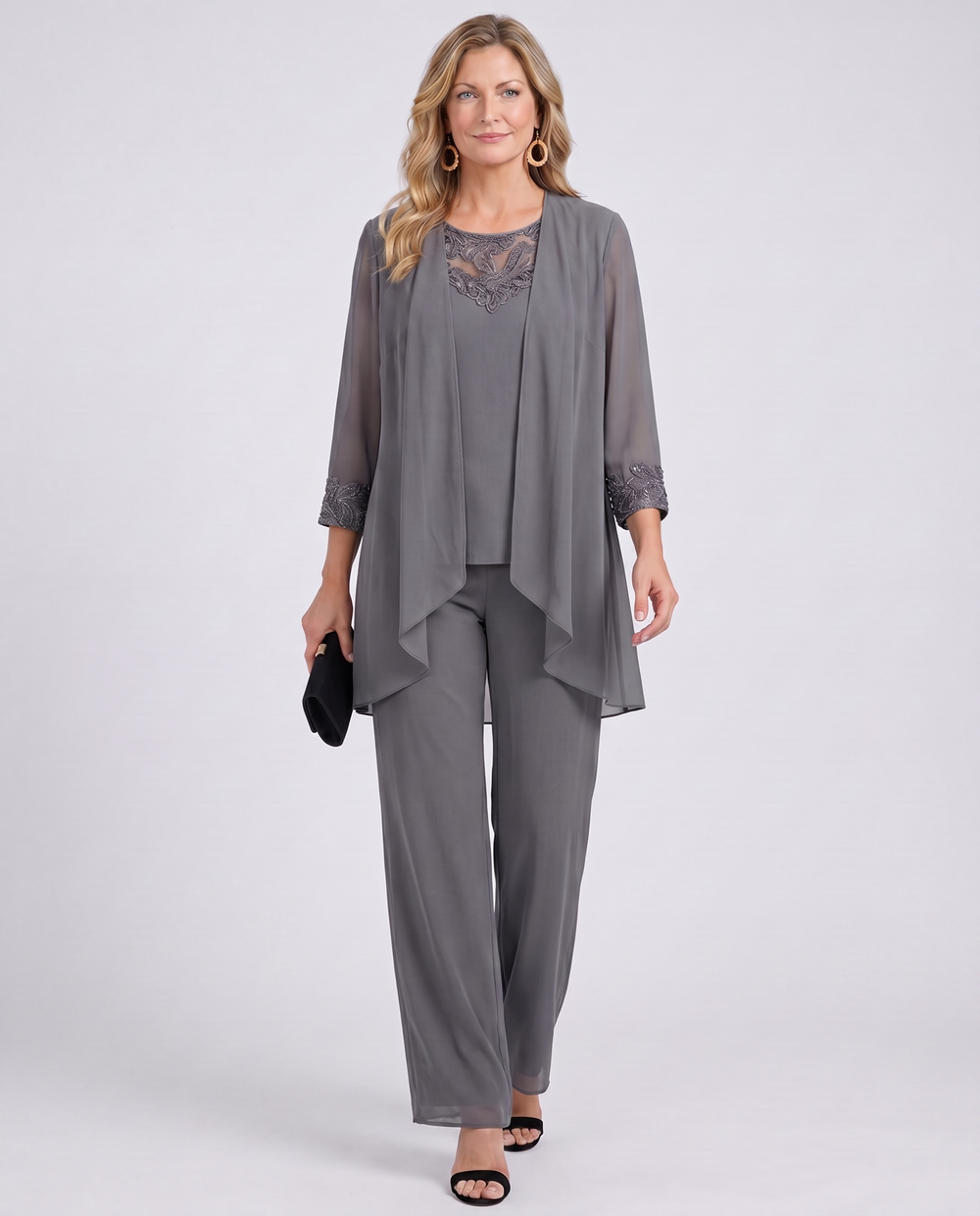 Women's gray sheer duster and lace-trim top pant set