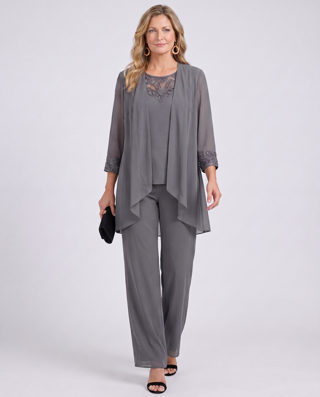 Women's gray sheer duster and lace-trim top pant set