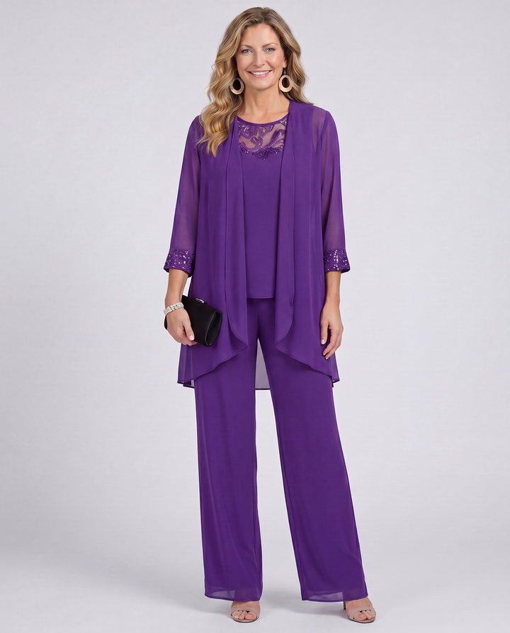 Women's purple sheer duster and lace-trim top pant set