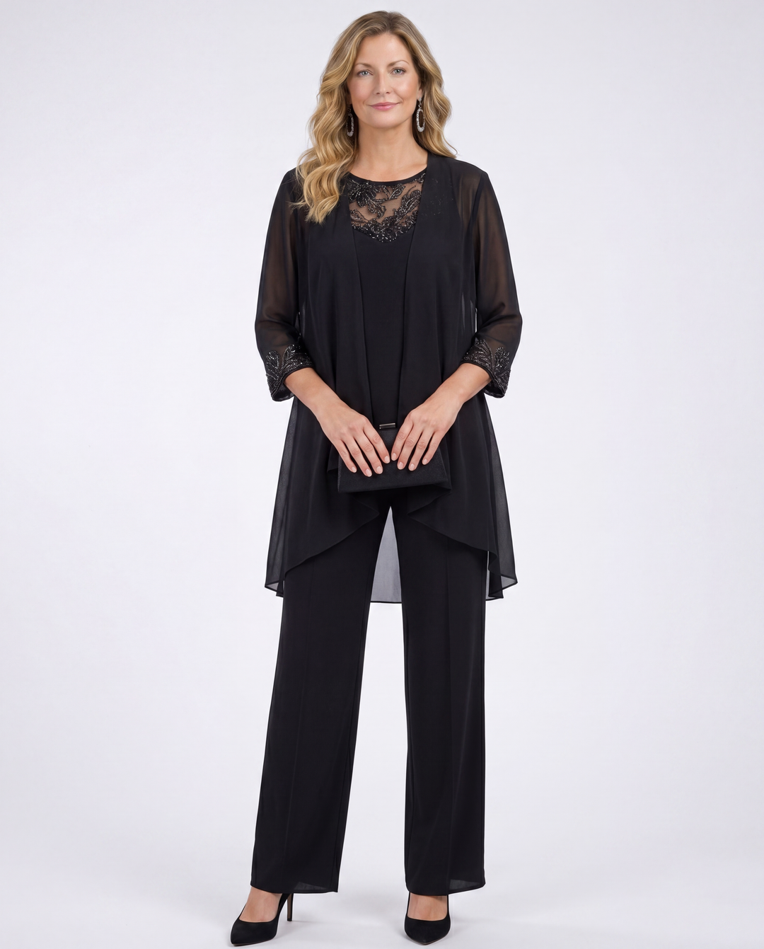 Women's black sheer duster and lace-trim top pant set