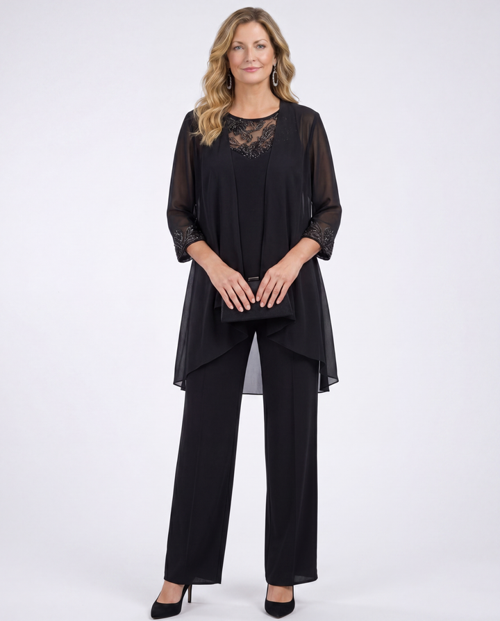 Women's black sheer duster and lace-trim top pant set
