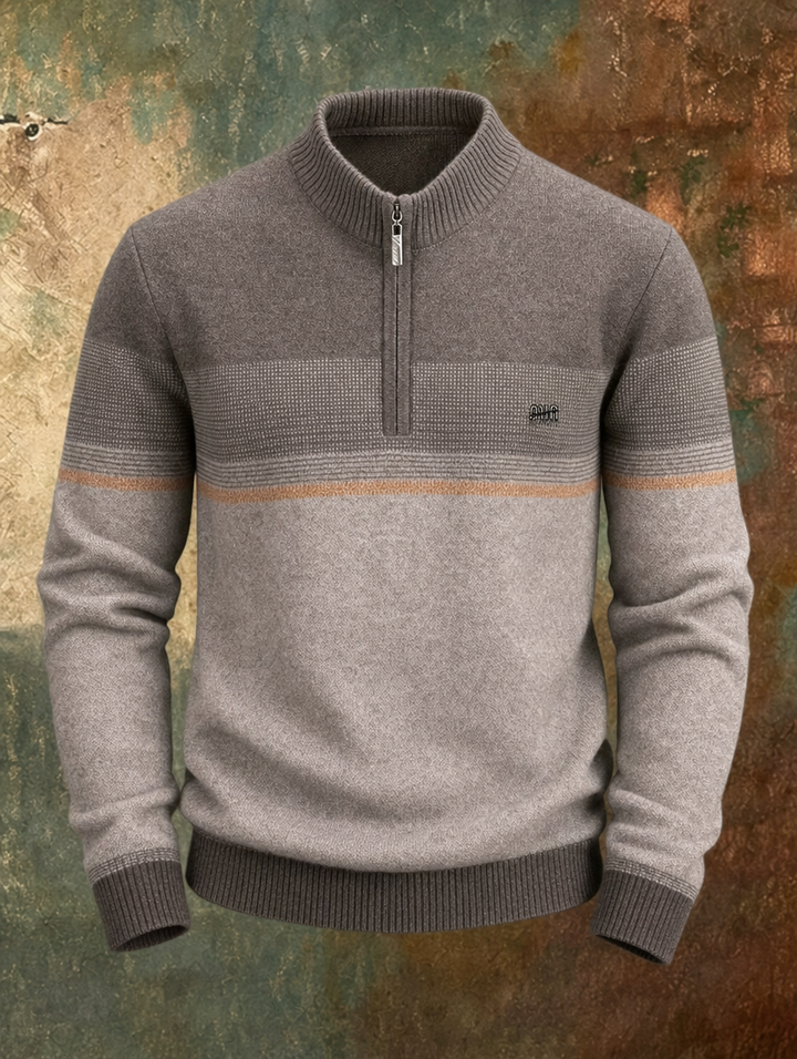 Men's taupe color-block half-zip pullover sweater