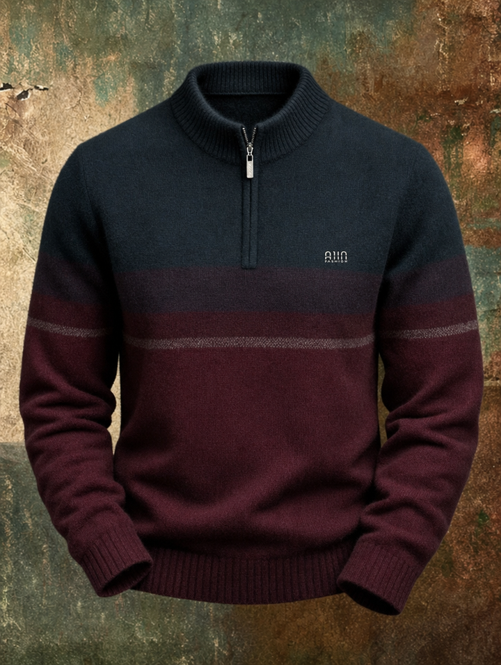 Men's burgundy color-block half-zip pullover sweater
