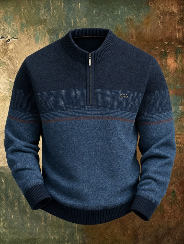 Men's blue color-block half-zip pullover sweater