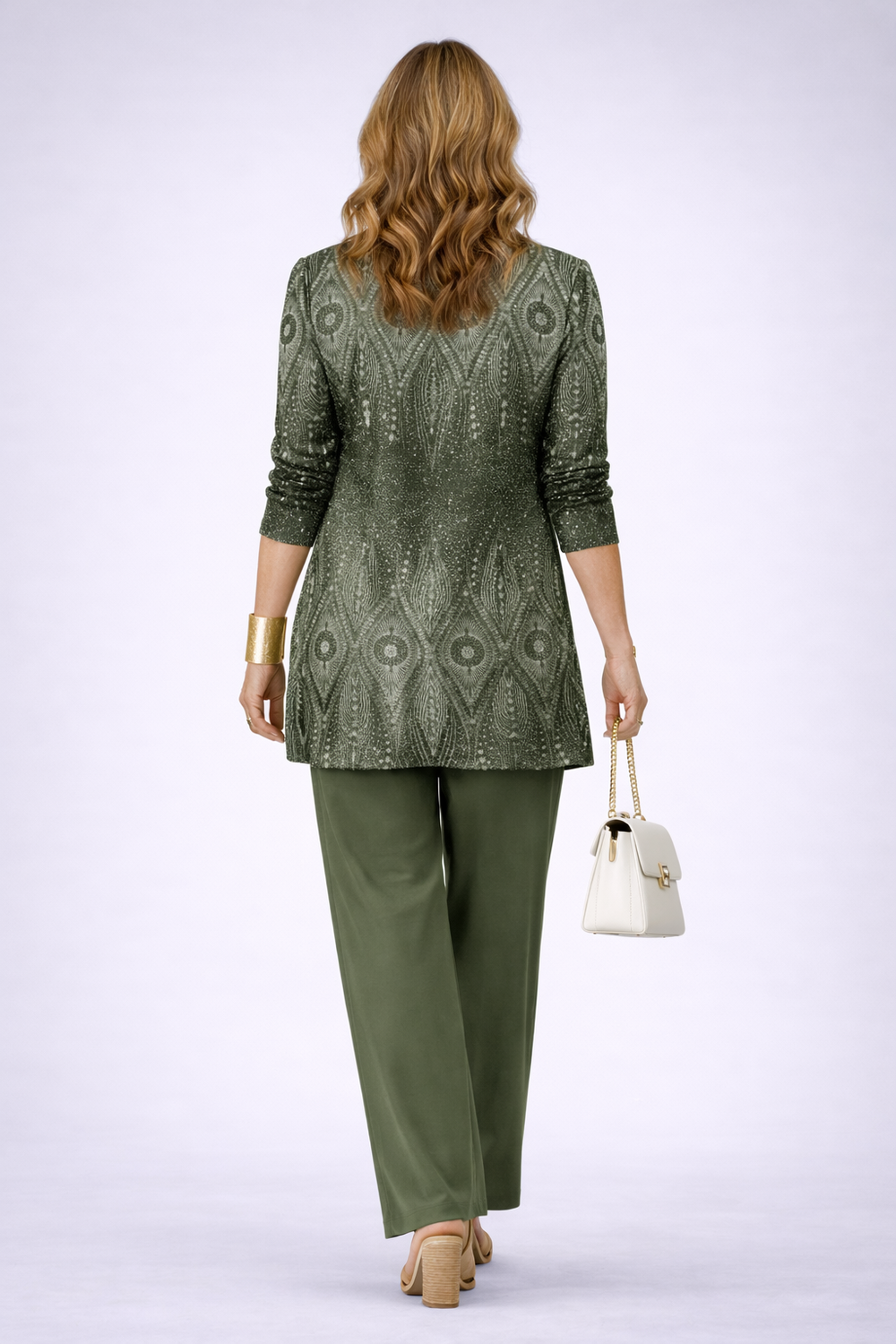 Back view of the olive green paisley print cardigan and pant set