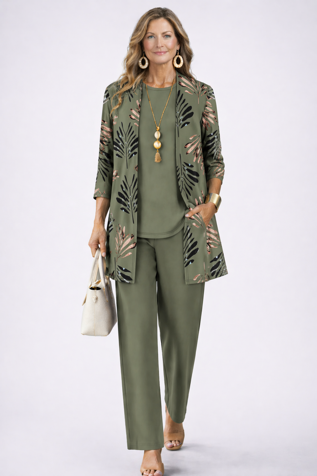 Women's olive leaf print cardigan and pant set