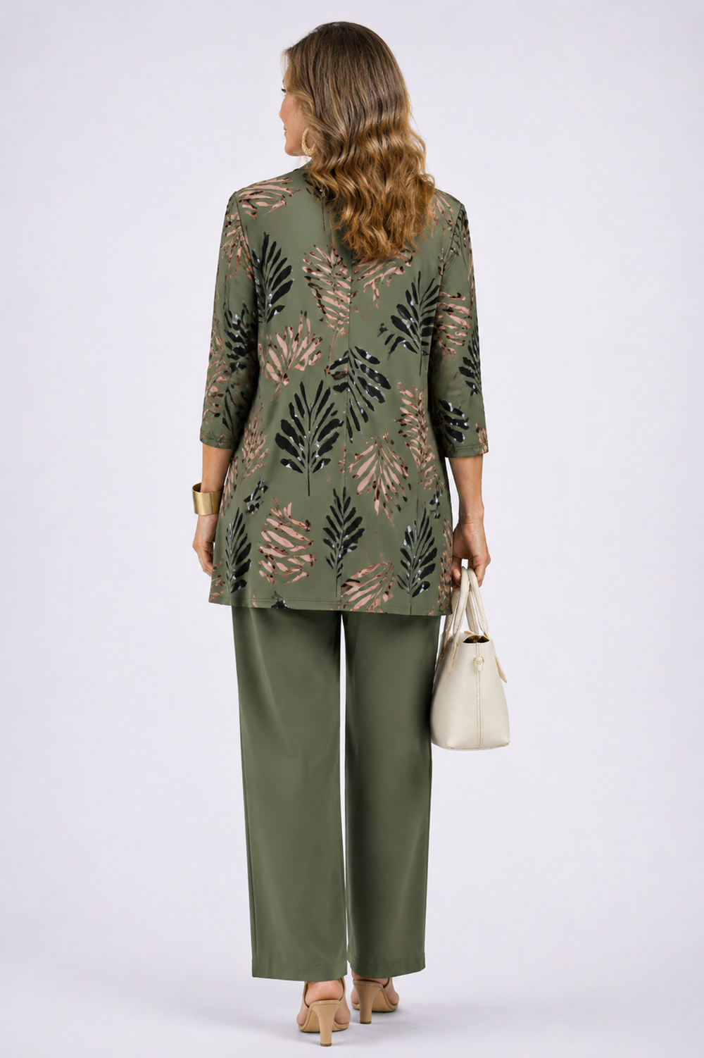 Back view of the olive leaf print cardigan and pant set